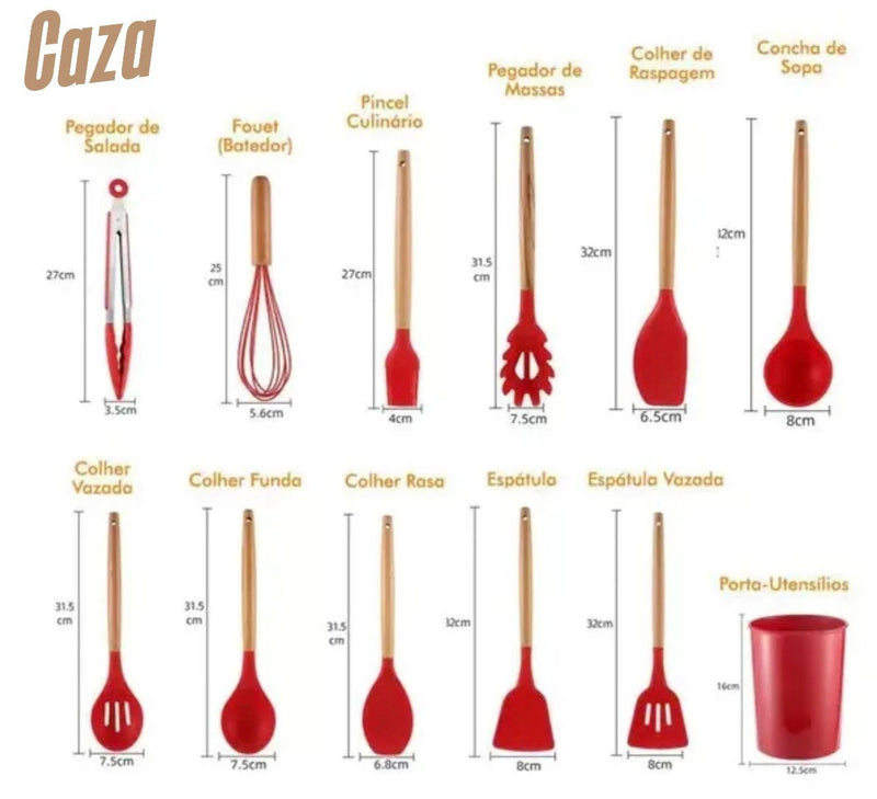 <b>Conjunto Utensílios Cozinha em Silicone Cabo de Madeira Kit 12 Peças - NEAT<b>