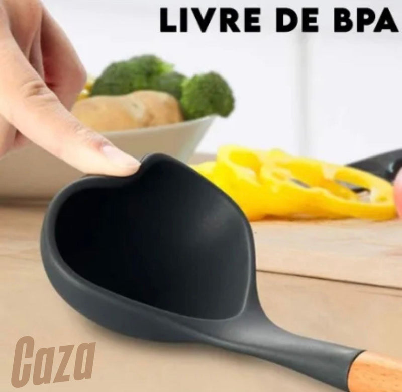 <b>Conjunto Utensílios Cozinha em Silicone Cabo de Madeira Kit 12 Peças - NEAT<b>