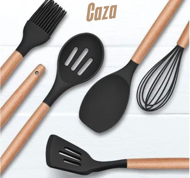 <b>Conjunto Utensílios Cozinha em Silicone Cabo de Madeira Kit 12 Peças - NEAT<b>