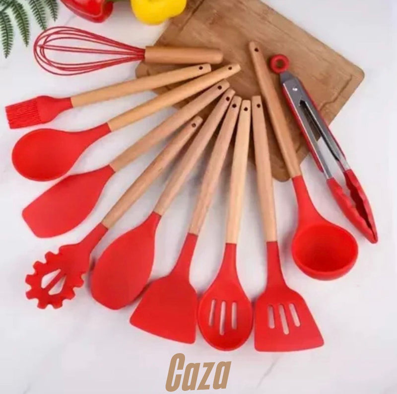 <b>Conjunto Utensílios Cozinha em Silicone Cabo de Madeira Kit 12 Peças - NEAT<b>